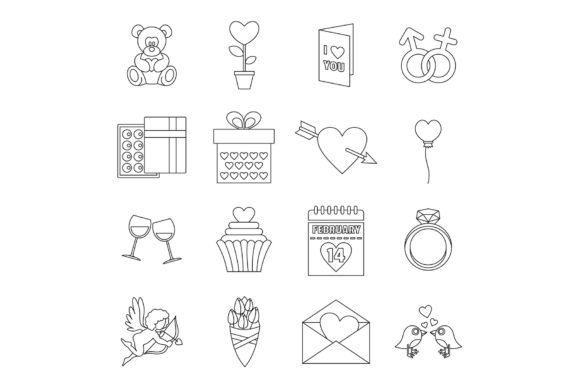 Download Saint Valentine Icons Set, Outline Style - Outline Collection